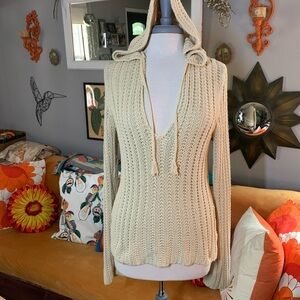 100% Cotton! Y2K American Eagle Outfitters Cream Hooded Women's Sweater sz Large